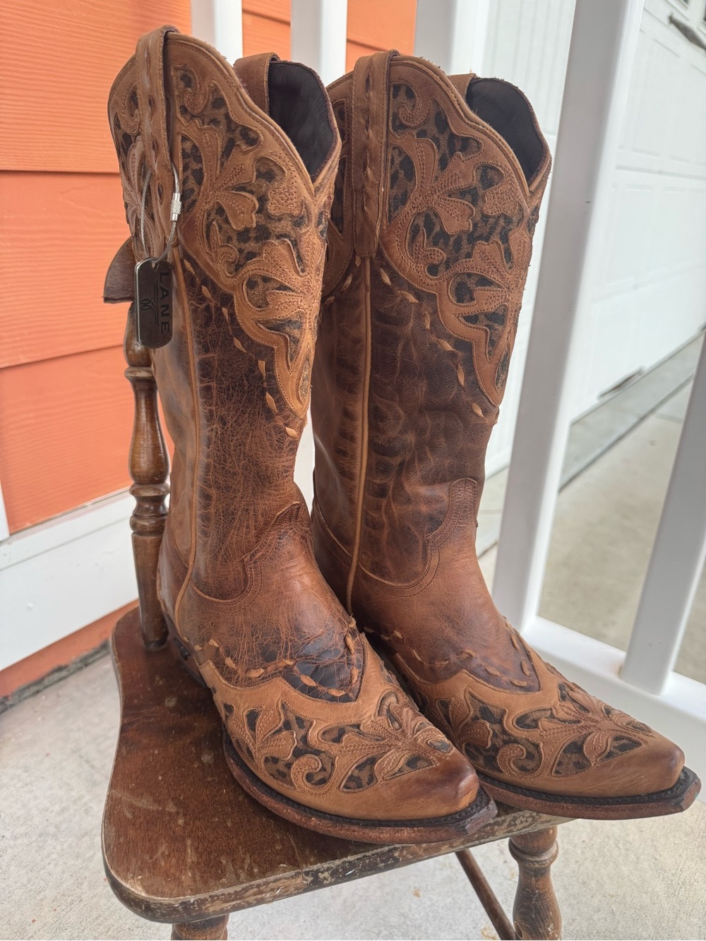Lane Cowboy boots  Brown w/ leopard cutout Leather tall heeled  blue bottom
